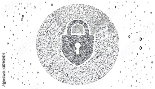 A padlock shape formed from binary code is visible against a dark backdrop scattered with digital fragments. isolated on white background.
