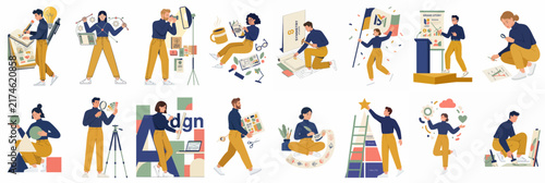 Collection of diverse creative professional characters engaged in various activities like graphic design, photography, painting, and public speaking in a flat illustration style.