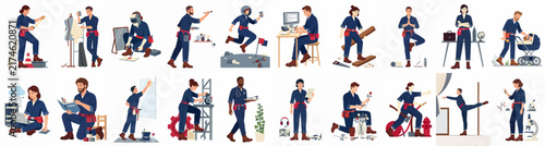 A collection of diverse people in blue work uniforms performing various professional and lifestyle activities.