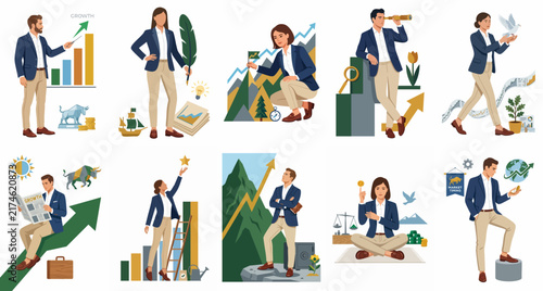 Business Professionals Illustrating Financial Concepts: Investment, Growth, Success, and Market Analysis Vector Set