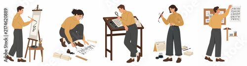 Set of Flat Illustrations Depicting People Engaged in Traditional Chinese Calligraphy and Ink Painting Activities