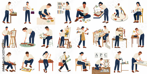 A comprehensive collection of flat vector illustrations featuring diverse creative professionals and hobbyists engaged in various artistic, craft, and design-related activities.
