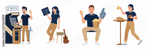 Set of diverse leisure activities featuring characters gaming, watching sports, enjoying snacks, and exploring hobbies in a flat vector style.