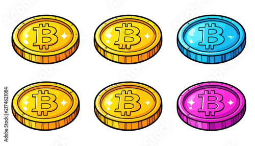 A collection of colorful digital currency coins featuring the Bitcoin symbol. isolated on white background.