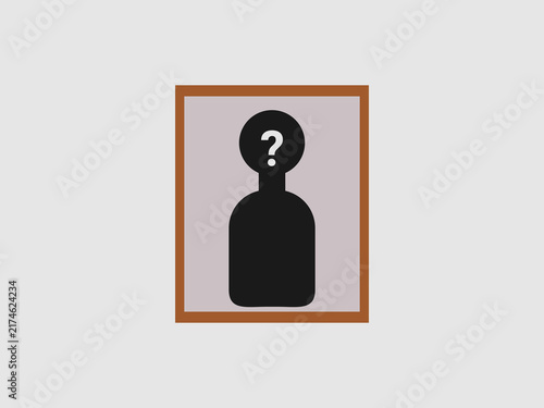 A framed photo showing a black silhouette of an anonymous person with a question mark on the head