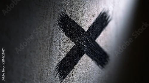 pantheism. A pristine emblem crossed out with a harsh black X on a textured wall. event programs, museum guides, designed for cultural heritage projects and event programs, preserves heritage.