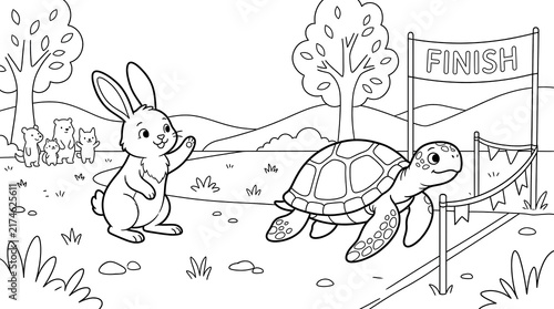 Canvastavla Tortoise and Hare race coloring page for kids with finish line and cute animals