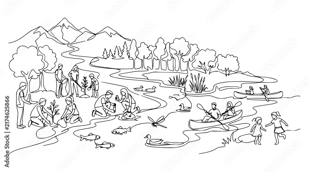 Fototapeta premium Diverse people enjoying nature, planting trees, fishing, canoeing, isolated, transparent background