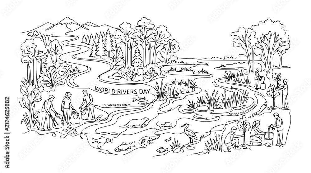 Fototapeta premium World Rivers Day Illustration: People Cleaning Riverbanks, Planting Trees, Wildlife