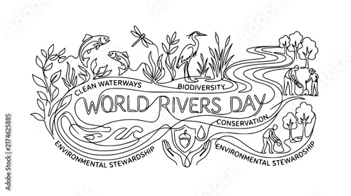 World Rivers Day Celebration - Nature Conservation and Biodiversity Line Art