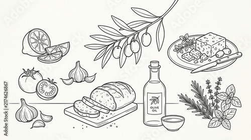 Hand drawn illustration of Mediterranean food ingredients including bread olive oil cheese and herbs.