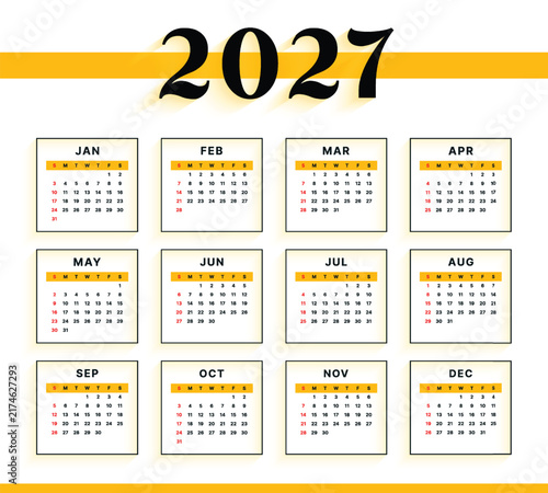 Vector 2027 Year Calendar Printable Template Design