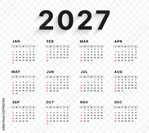 Vector 2027 Year Calendar Printable Template On Transparent Background