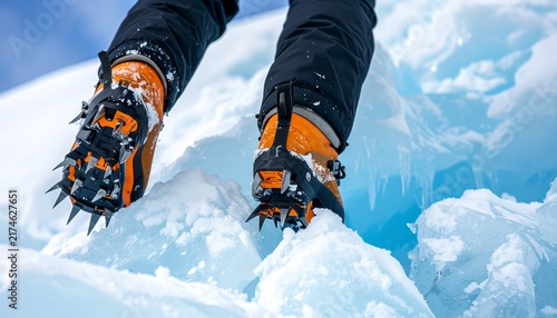 Close up of mountaineer wearing crampons climbing snowy mountain slope.