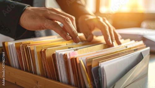 Hands sorting through files in a wooden organizer, business document management concept.
