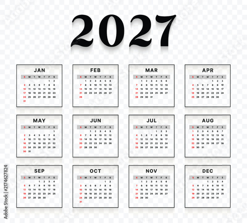 Vector 2027 Year Calendar Printable Template On Transparent Background