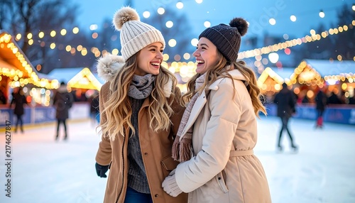 Two happy young women enjoying an outdoor ice skating rink at a festive Christmas market.