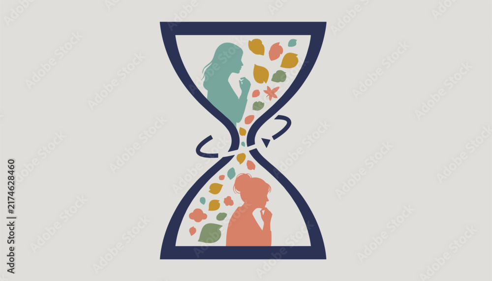 Fototapeta premium Conceptual art of a woman aging over time shown inside an hourglass with falling autumn leaves of life.