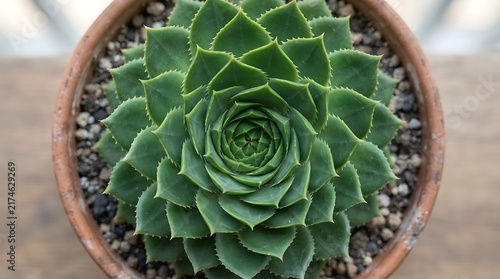 Top view of a green succulent plant in a terracotta pot with geometric leaf patterns.