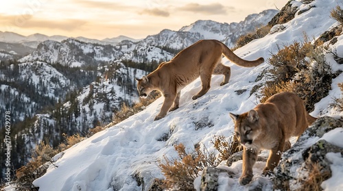 Two mountain lions walking on a snowy mountain ridge at sunset in the wilderness.