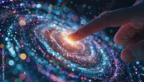 Finger touching a glowing galaxy of colorful lights