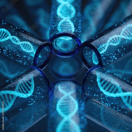 Close-up of glowing blue dna strands within glass vials