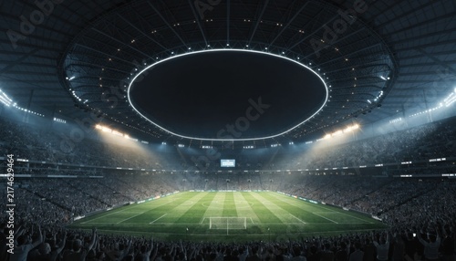 Nighttime panoramic view of a vast, illuminated football stadium filled with spectators