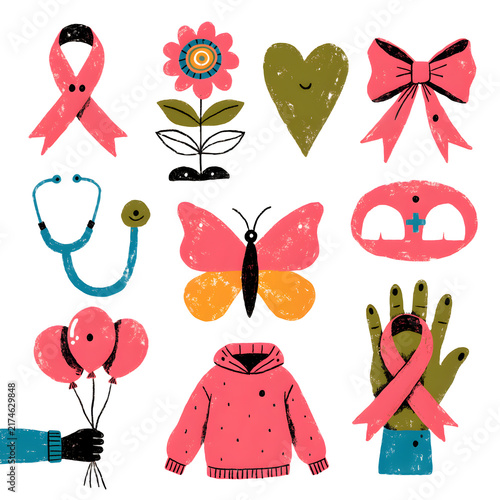 Breast Cancer Awareness Month isolated icons set