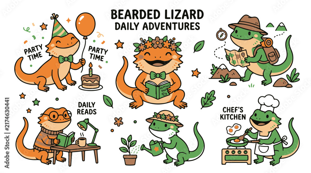 Fototapeta premium Bearded Lizard Cartoon Characters Engaging in Diverse Daily Activities and Hobbies
