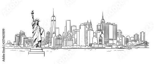Black and white ink line drawing illustration of new york city skyline.