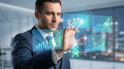 Businessman manipulating glowing financial charts on virtual screen.