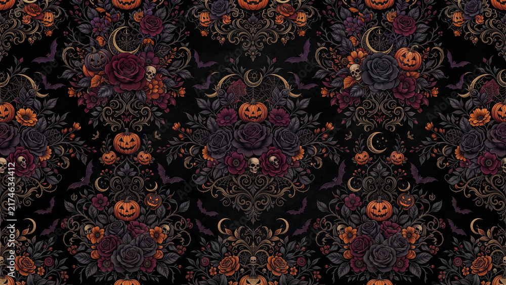 Seamless Halloween floral pattern with pumpkins and skulls on a dark gothic background.