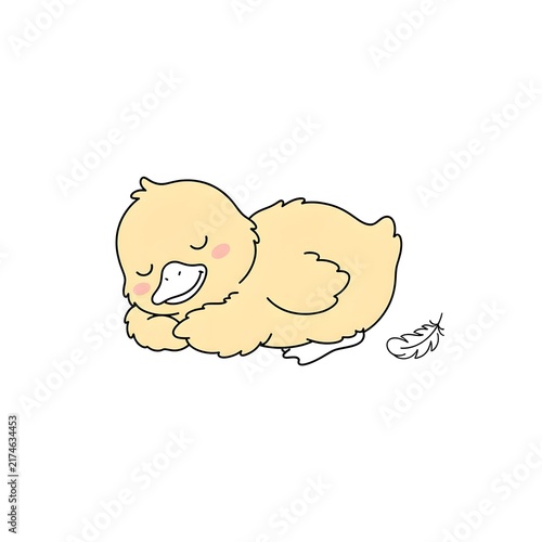 Two adorable yellow ducklings sleeping peacefully side by side on white background