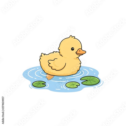 Cute yellow duckling swimming in pond with green lily pads and water ripples
