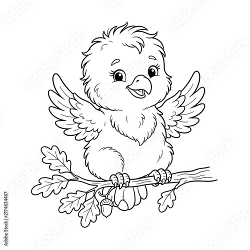 Cute baby eagle chick sitting on branch with fluffy feathers and small wings spread