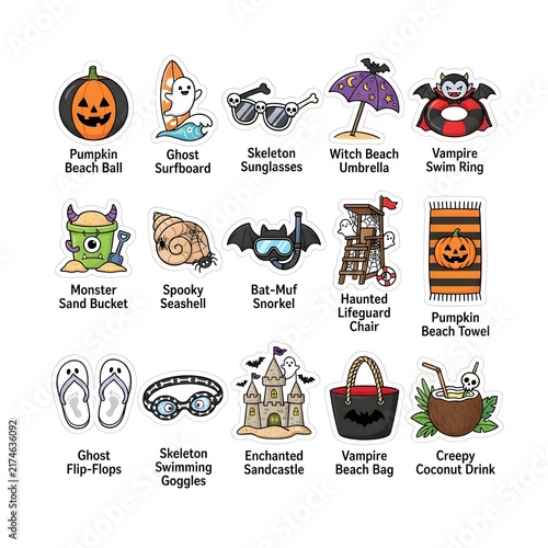 Halloween beach sticker sheet with spooky summer vacation icons and cute holiday elements