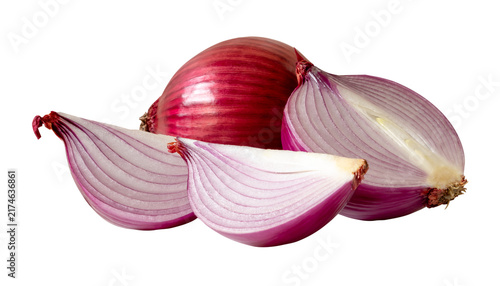 Fresh unpeeled red or purple Spanish onion bulb with half and slices or quarters in stack isolated with clipping path in png file format