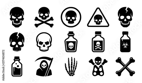 Fotografie Skull Icons Set with Warning Symbols, Poison Bottles, and Hazard Signs