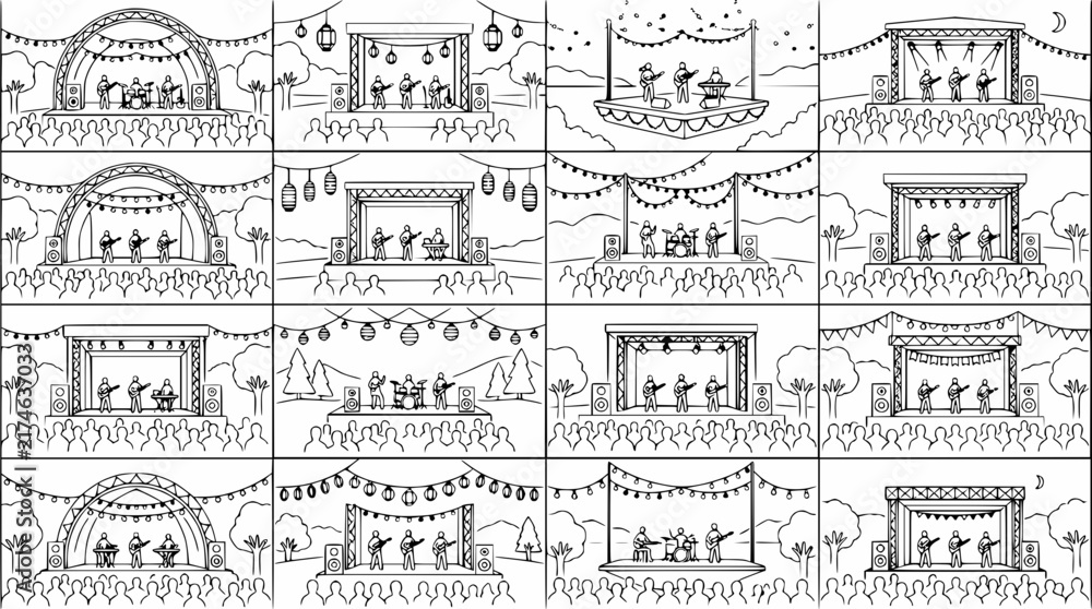 Fototapeta premium Live Music Concert Stages Array: Diverse Outdoor Performance Scenes