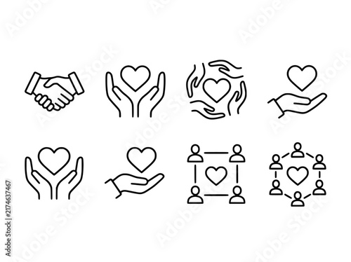 Minimalist charity line icons set, 8 vector symbols for community support and care. Heart and handshake graphics for non-profit branding.