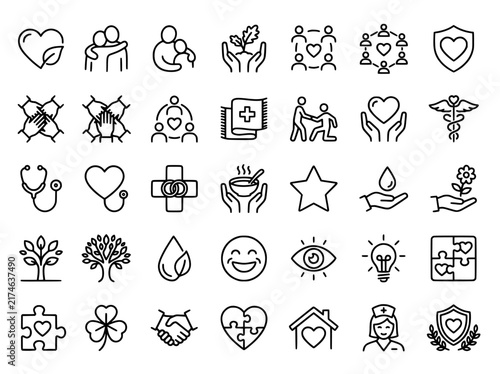 Charity and healthcare line icons, 35 community support vector symbols, medical care and social welfare outline graphics for non-profits