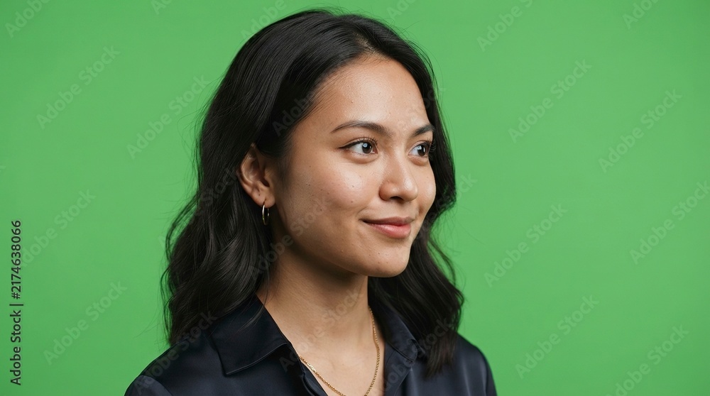 Fototapeta premium Beautiful Smiling Young Asian Woman Looking Sideways Isolated on Green Screen Background