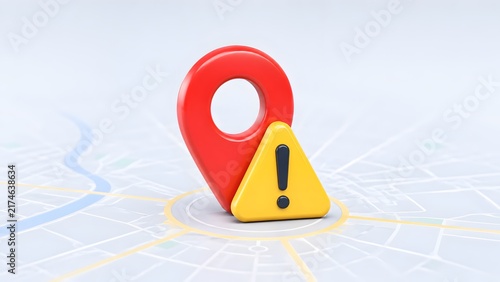 Red Location Pin with Yellow Warning Triangle on Map Background for GPS Error or Danger Zone