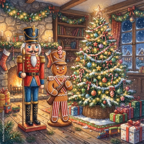 Decorated nutcracker and gingerbread figure pose beside festive