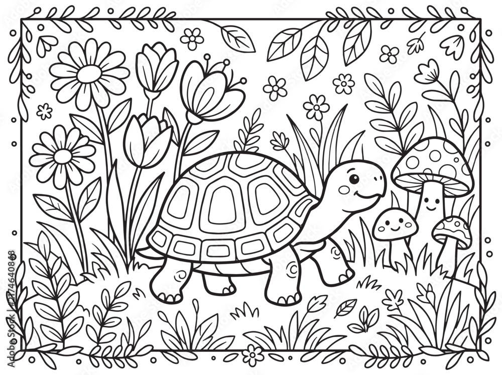 Obraz premium Cute Turtle in a Garden with Flowers and Mushrooms Coloring Page for Kids, Black and White Line Art Outline Activity for Children