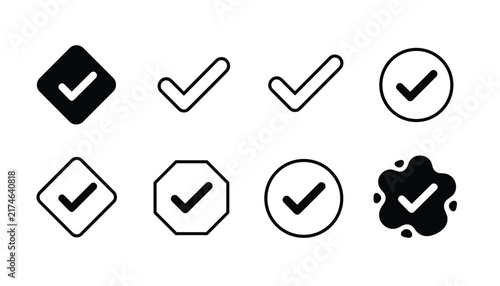 Collection of eight different black and white checkmark icons showcasing various square circular and irregular button styles.