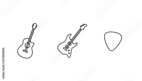 Line art icons depicting an acoustic guitar an electric guitar and a standard guitar pick on a white background.