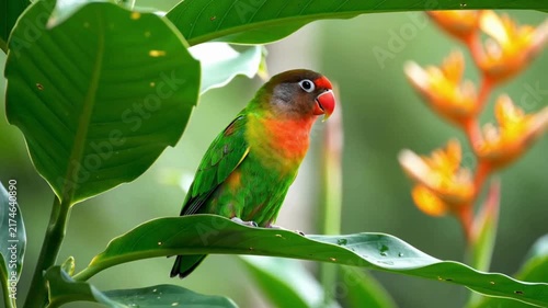 Tropical Morning Lovebird, A colorful lovebird enjoys a peaceful tropical morning while sitting on a broad green leaf. Gentle sunlight creates a fresh golden atmosphere as the bird blinks and slowly