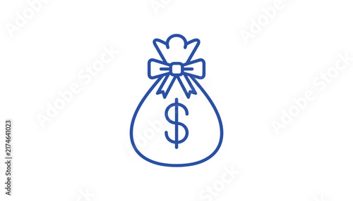 Simple blue line art icon of a classic money sack tied with a neat bow and stamped with a dollar sign on a white background.