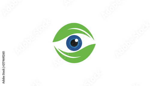 Ecological logo design showing an eye framed by green leaves symbolizing environmental awareness and natural vision.